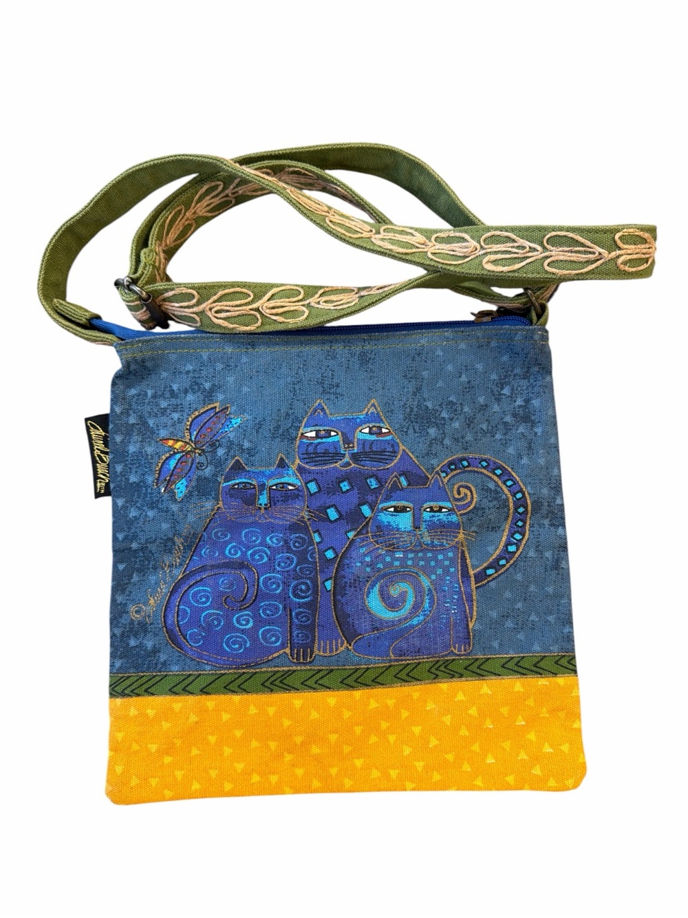 Vintage Indigo Cats Laurel Burch Small Canvas Purse Tote Handbag Blue & Yellow
